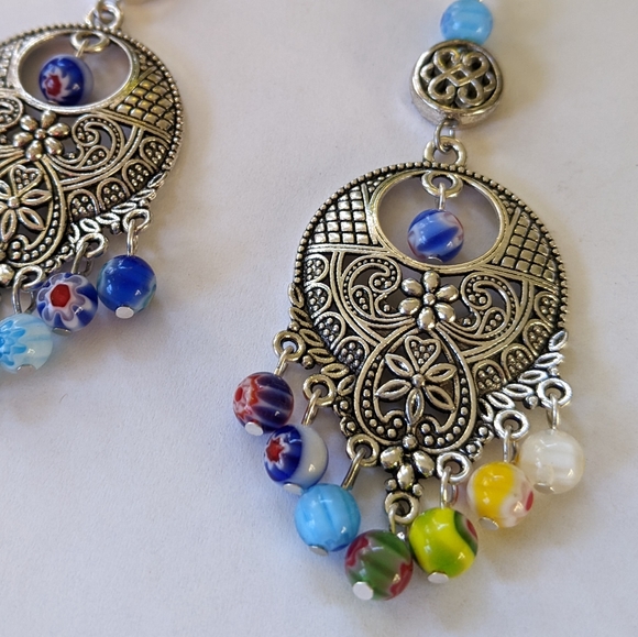 Colorful Rainbow Beaded Dangle Chandelier Earrings - Picture 3 of 4